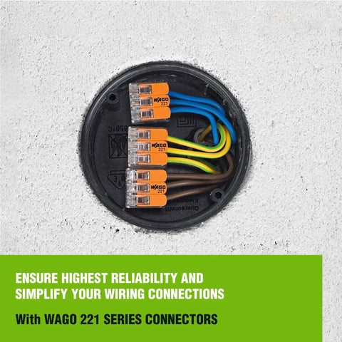 221 Series 90-Piece Compact Splice Wire Connector Set With See-Through Levers installed in wall junction box.