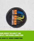 Lever Nut Wire Connector Set 50 Pack 221 Series Compact Splicing Connectors installed in outlet box