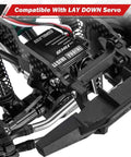 Close-up of 39g LCG Carbon Fiber Chassis Frame Kit with 6g Battery Tray for 1/18 TRX4M RC crawler showing servo compatibility.