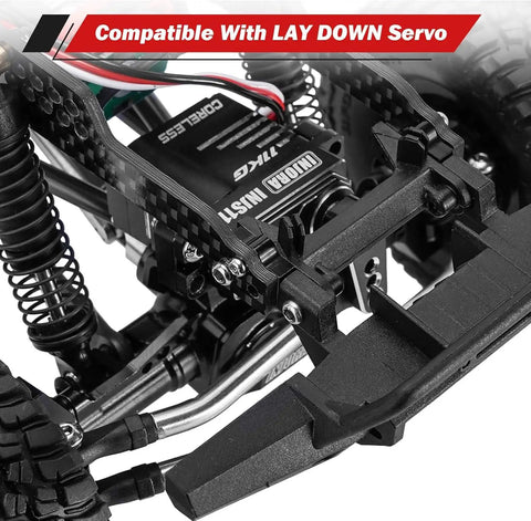 Close-up of 39g LCG Carbon Fiber Chassis Frame Kit with 6g Battery Tray for 1/18 TRX4M RC crawler showing servo compatibility.