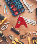 Multi Angle Woodworking Ruler And Protractor High Precision Measuring Tool on workbench with various hardware tools.