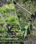 Long Handle Weed Puller Tool 58 Inch, 2 In 1 Weeder Rake And Garden Hoe Combo in use for pulling and cutting weeds