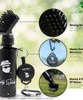 Water Powered Golf Club Brush Cleaner With Heavy Duty Retractable Clip Squeeze Bottle For Easy Cleaning Nylon Bristles Holds Four Oz Wide Head Clubhead Scrubber For Men Golf Gifts And Accessories displayed with features.