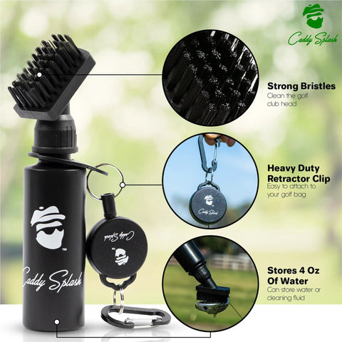 Water Powered Golf Club Brush Cleaner With Heavy Duty Retractable Clip Squeeze Bottle For Easy Cleaning Nylon Bristles Holds Four Oz Wide Head Clubhead Scrubber For Men Golf Gifts And Accessories displayed with features.