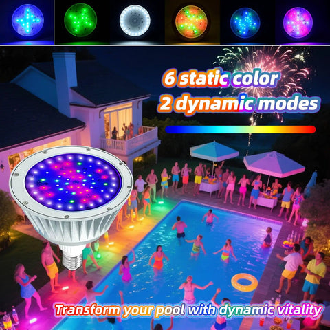 Color Changing LED Pool Light Bulb For Inground Pools 120V 40W Waterproof Submersible Replacement For 500W Pentair And Hayward Fixtures With IP68 Submersion Rating, illuminating pool with party atmosphere