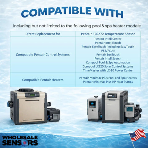 Compatibility list for Replacement 520272 Air Water Solar Temperature Sensor with 20 feet cable, pool controllers shown below.