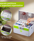 Extra Large Medicine Lock Box With Adjustable Shoulder Strap And Child Safety Lock Portable Medical Organizer open showing compartments and meds