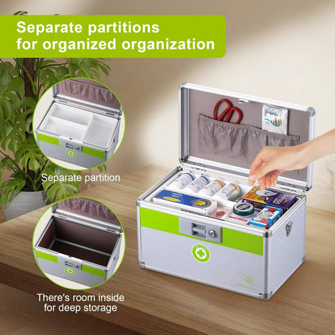 Extra Large Medicine Lock Box With Adjustable Shoulder Strap And Child Safety Lock Portable Medical Organizer open showing compartments and meds