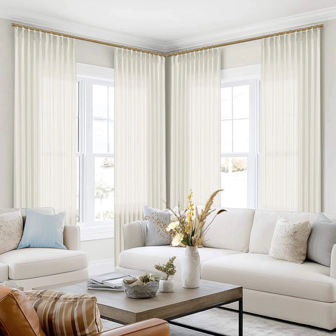 Living room with Extra Wide Linen Curtains With Tailored Pinch Pleat Top For Track System With Hooks, Light Filtering Semi Sheer Panel, 70x96 inches