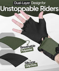 Kids Cycling Gloves With Non Slip Palm Grip Half Finger Design For Boys And Girls Anti Slip Bike Gloves For MTB BMX Scooters Green Medium 6 8 Durable Breathable Fabric Gel Padding For Extra Cushion And Shock Absorption shown with breathable polyester and silicone grip dots.