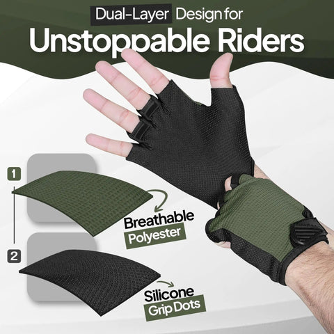 Kids Cycling Gloves With Non Slip Palm Grip Half Finger Design For Boys And Girls Anti Slip Bike Gloves For MTB BMX Scooters Green Medium 6 8 Durable Breathable Fabric Gel Padding For Extra Cushion And Shock Absorption shown with breathable polyester and silicone grip dots.