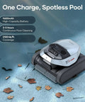 Heavy Duty Cordless Robotic Pool Cleaner with Badass 8000 GPH Suction and Waterline Scrubbing Featuring Dual Brushless Motors and Foolproof Remote Operation Zero Hassle Cleanup Kit for In Ground Pools on pool floor surrounded by leaves.