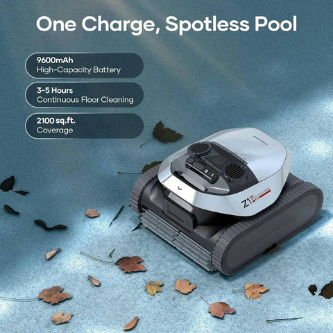 Heavy Duty Cordless Robotic Pool Cleaner with Badass 8000 GPH Suction and Waterline Scrubbing Featuring Dual Brushless Motors and Foolproof Remote Operation Zero Hassle Cleanup Kit for In Ground Pools on pool floor surrounded by leaves.