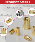 Rivet Nut Kit 200 Pcs SAE High Carbon Steel Zinc Plated Flat Head Nut Inserts with detailed view showing flat head and precise threads