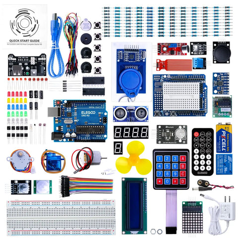 Uno R3 Project Starter Kit with over 200 components, includes Arduino Uno board, sensors, modules, and wires, for DIY prototyping.