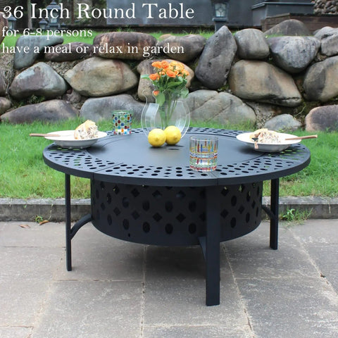 36 Inch Fire Pit With 2 Grills Lid And Round Waterproof Cover 3 In 1 Outdoor Fire Pit Table set as a dining table for 6 to 8 people.