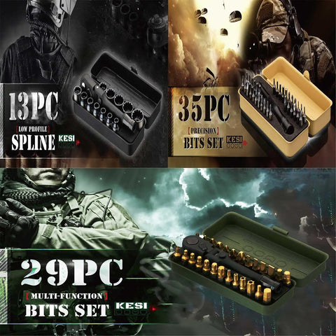 Image of Torx Bit Set 77-Piece With 2 In 1 Ratchet Magnetic Bit Holder, showing 13, 29, and 35 piece bit sets and low profile sockets.
