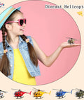 Girl holding diecast mini helicopter from Eight Pack Diecast Helicopters Mini Model Planes With Spinning Propellers For Kids