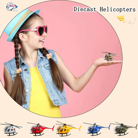Girl holding diecast mini helicopter from Eight Pack Diecast Helicopters Mini Model Planes With Spinning Propellers For Kids