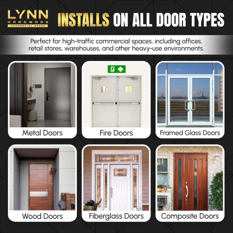 Heavy Duty Automatic Door Closer For High Traffic Doors shown on various door types: metal, fire, framed glass, wood, fiberglass, composite.