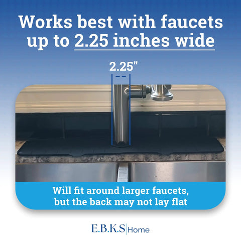 Extra Long 24 Inch Silicone Kitchen Sink Splash Guard with built-in backsplash protection shown fitting a 2.25-inch faucet