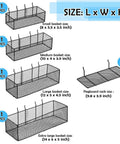 8 Pack Pegboard Baskets And Racks Set with small, medium, large, and extra-large black wire baskets for tool organization.
