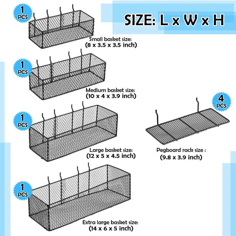 8 Pack Pegboard Baskets And Racks Set with small, medium, large, and extra-large black wire baskets for tool organization.