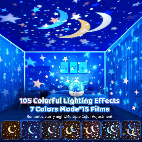 Dinosaur Story Projector And Bluetooth 5.0 Speaker For Kids Room, ceiling projections in blue with stars and moons.