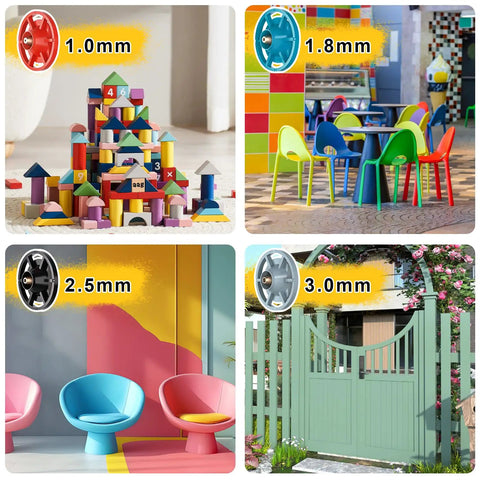 350W Brushless Paint Sprayer Yielding Hella Smooth Finish And No Sweat Operation For DeWalt Batteries Ships With Four Copper Nozzles For Snappy Fence Wall Diy Makeovers, showcasing different nozzle sizes and colorful furniture.