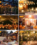 Various outdoor settings lit by LED Outdoor String Lights 48 Feet Commercial Grade Patio String Lights With 26 S14 Shatterproof Bulbs, 2 Feet Spacing, 2200K Warm White, Heavy Duty Waterproof Weatherproof.