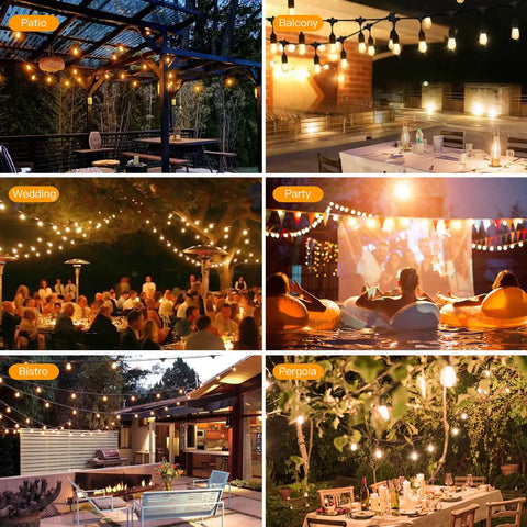 Various outdoor settings lit by LED Outdoor String Lights 48 Feet Commercial Grade Patio String Lights With 26 S14 Shatterproof Bulbs, 2 Feet Spacing, 2200K Warm White, Heavy Duty Waterproof Weatherproof.