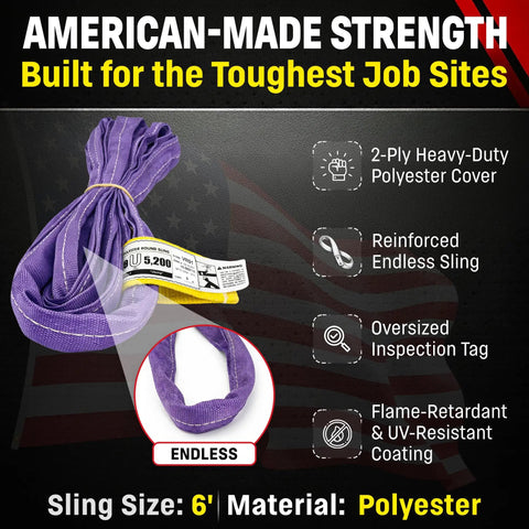 Rock Solid 6 Foot Purple Round Polyester Lifting Sling Rated At 2600 Lbs Vertical And 2080 Lbs Choker Capacity Built Damn Tough For Heavy Industrial Jobs Made Legit Stateside