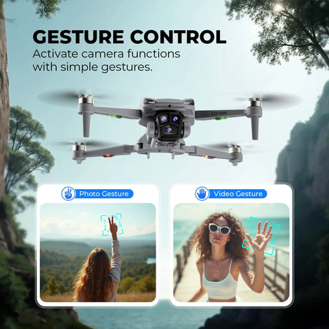 F23 GPS Drone With Camera for Teens and Adults demonstrating hand gesture control feature for photos and videos.