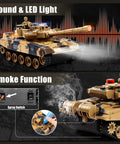 Rad 1/24 Scale RC Battle Tank With 2.4GHz Infrared Control displaying sound, LED lights, and smoke effects in action