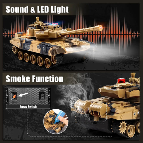 Rad 1/24 Scale RC Battle Tank With 2.4GHz Infrared Control displaying sound, LED lights, and smoke effects in action