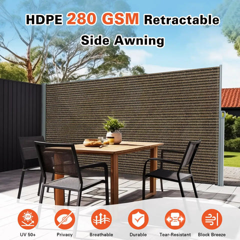 71 Inch By 118 Inch Retractable Side Awning Folding Privacy Screen Waterproof And UV Resistant Outdoor Shade Divider in patio setup