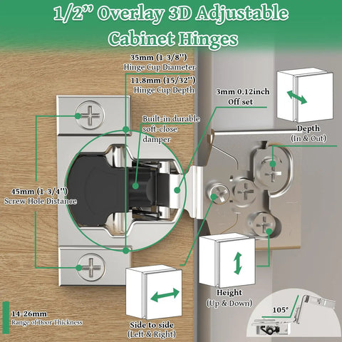 Diagram of Soft Close Concealed Cabinet Hinges Half Inch Overlay 70 Pack showing dimensions and adjustment features
