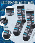 Two pairs of black and white crew socks with engineering text in size US 10-13, showcasing measurements and material details.