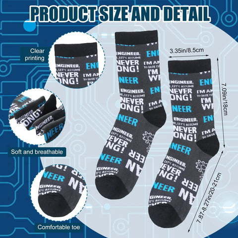 Two pairs of black and white crew socks with engineering text in size US 10-13, showcasing measurements and material details.
