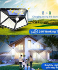 Six Pack Solar Motion Lights Outdoor With 100 LED Beads, 270 Degree Coverage, illuminating house exterior at night