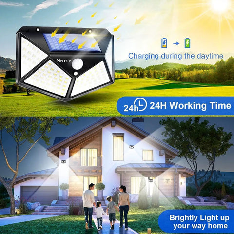 Six Pack Solar Motion Lights Outdoor With 100 LED Beads, 270 Degree Coverage, illuminating house exterior at night