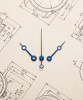Metal Watch Hands Set for NH35 364R and 7S Movements on blueprint background, Pro Grade Upgrade Kit, Durable Blue Finish.