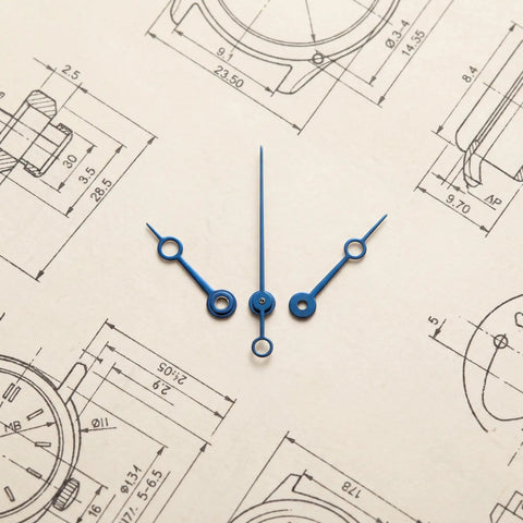Metal Watch Hands Set for NH35 364R and 7S Movements on blueprint background, Pro Grade Upgrade Kit, Durable Blue Finish.