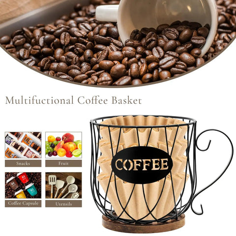 Go To Rustic Metal K Cup Pod Holder With Wooden Base Large Wire Basket Coffee Storage with coffee beans and filters