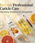 At Home Cuticle Care Kit With Citrus Scented Remover 8oz Cuticle Oil 2oz and Metal Pusher Tool displayed with citrus fruits