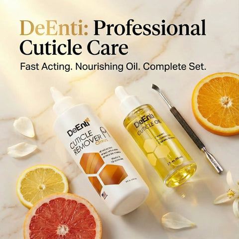 At Home Cuticle Care Kit With Citrus Scented Remover 8oz Cuticle Oil 2oz and Metal Pusher Tool displayed with citrus fruits