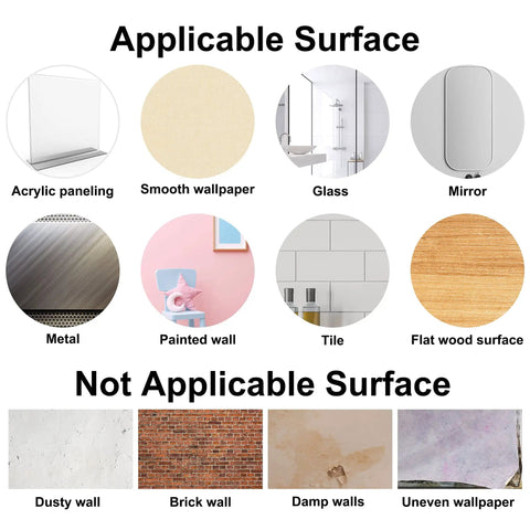 Image showing applicable and non-applicable surfaces for the Removable Peel And Stick Inspirational Quote Wall Decals Set.