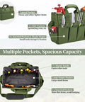 Heavy Duty Garden Tool Tote Bag With Stand Up Bottom And Built In PE Foam 900D Tool Organizer With Multiple Pockets And Long Adjustable Shoulder Strap For Easy Carry Green with tools inside pockets and elastic bands on display.