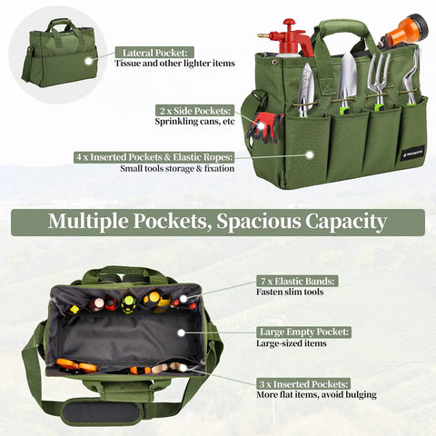 Heavy Duty Garden Tool Tote Bag With Stand Up Bottom And Built In PE Foam 900D Tool Organizer With Multiple Pockets And Long Adjustable Shoulder Strap For Easy Carry Green with tools inside pockets and elastic bands on display.