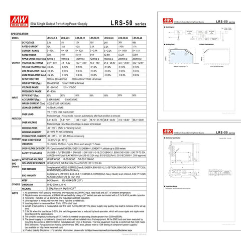 Specification sheet of Rock Solid Heavy Duty 50W 24V Switching Power Supply Ultra Slim 1U Frame including output details.